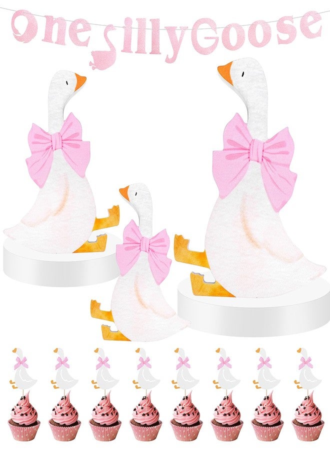 Hysagtek Silly Goose Birthday Decoration, 3 Pcs Wooden One Silly Goose Decorations with Cake Topper & Banner for Desk Tiered Tray Decor Table Centerpiece Party Favor Decor - Image 1